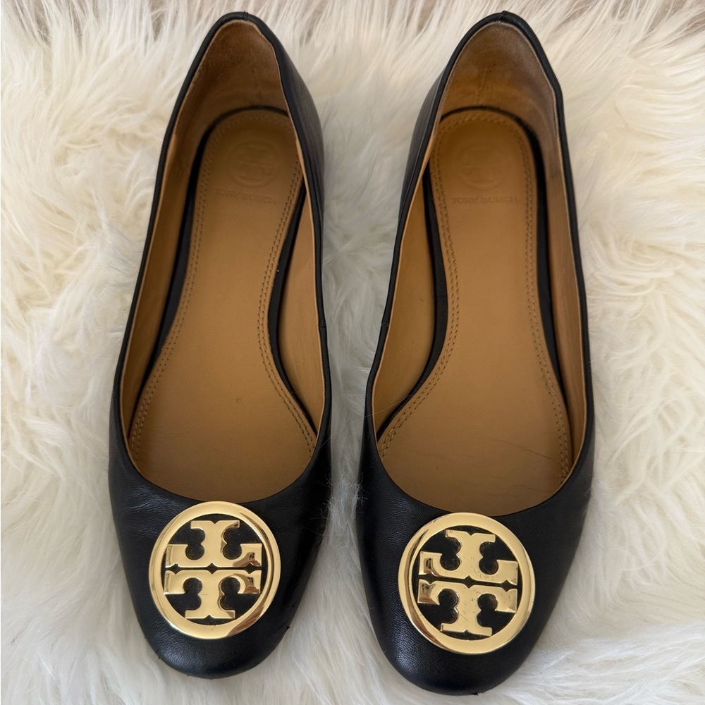 Tory Burch Black Flats with Gold Accents